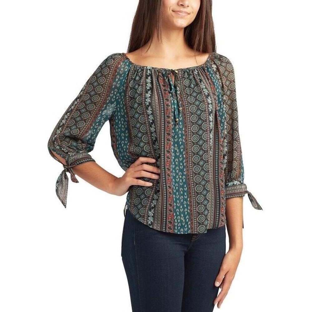 BCX Bohemian Blouse Tie Sleeve Sheer Top‎ Metallic Floral Peasant Shirt Size MD